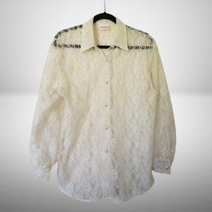 FIRST TIME Ivory Lace Long-Sleeve Button-down Blouse Top w/Collar -Medium